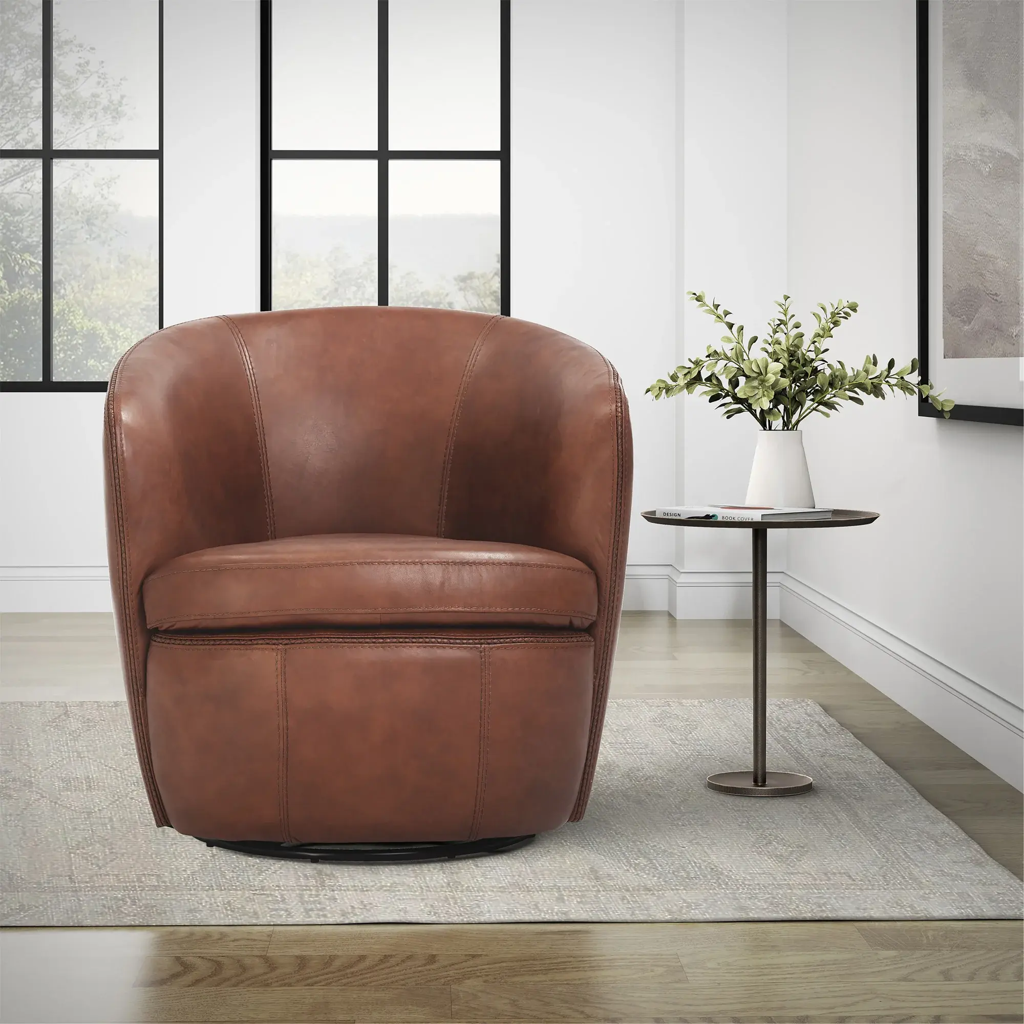 Barrel Full Leather Swivel Accent Chair