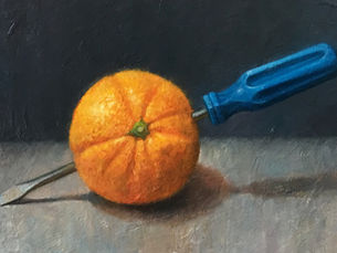 Still-life painting titled Hold the Vodka, showing a bright orange pierced by a blue-handled screwdriver on a gray surface against a dark background.