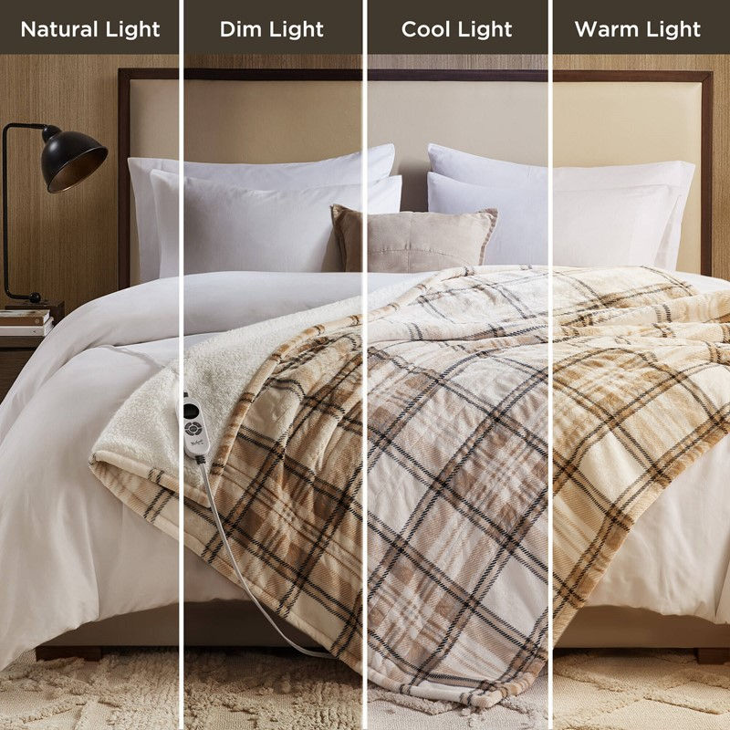 Sherpa Heated Throw/ Tan Plaid