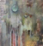 Abstract painting with translucent bubbles and dripping white, green, and rust textures on a muted gray-brown background