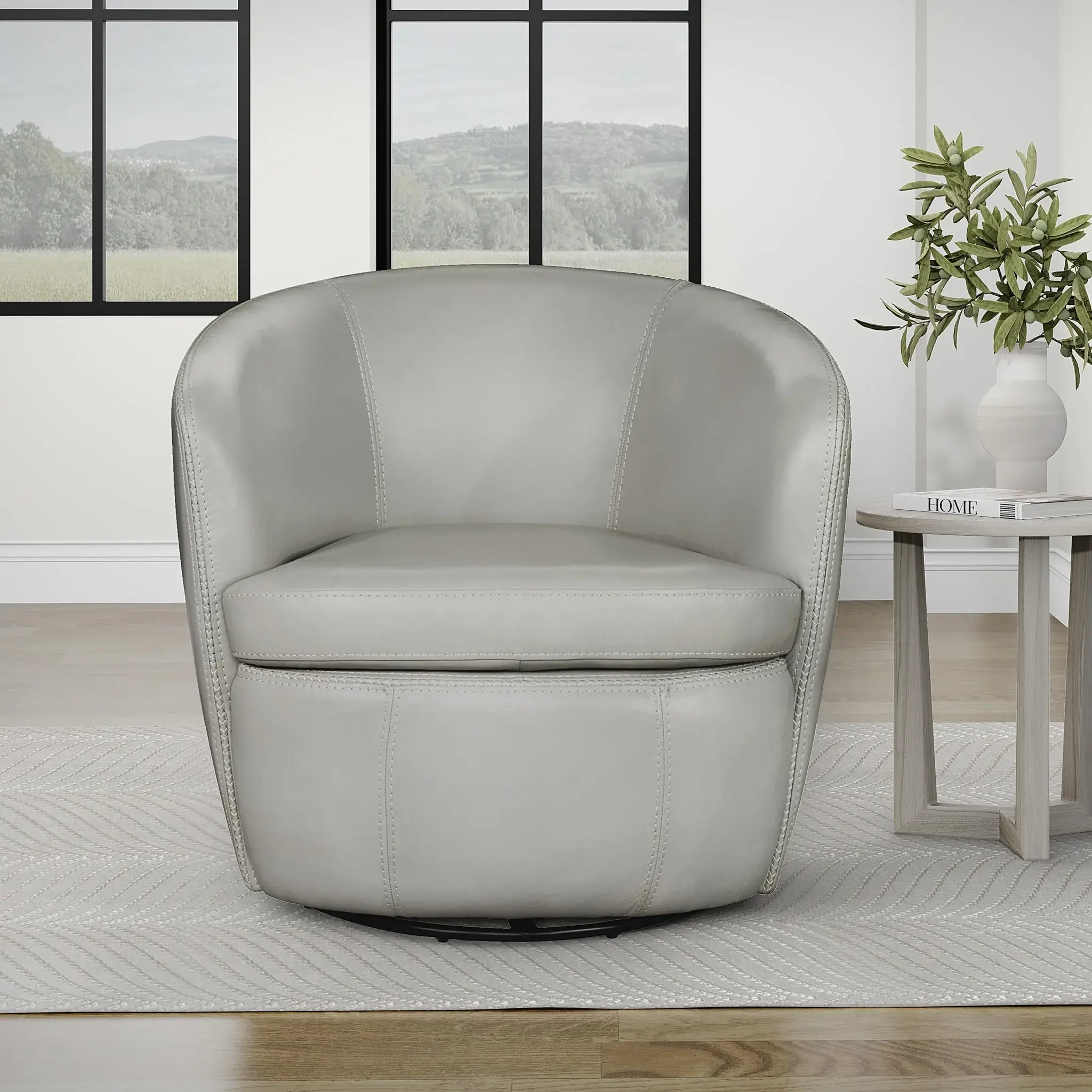 Barrel Full Leather Swivel Accent Chair