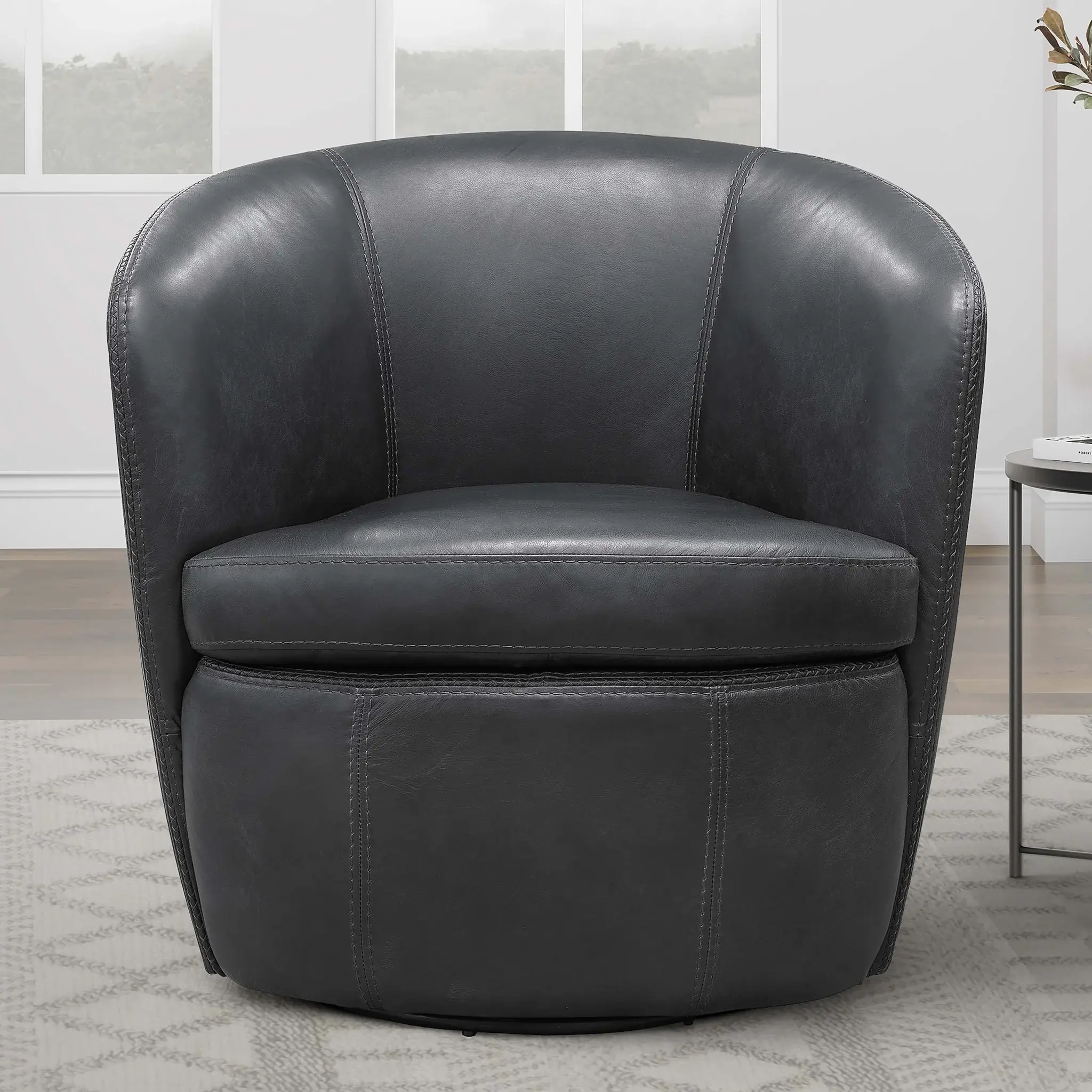 Barrel Full Leather Swivel Accent Chair