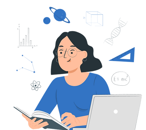Na imagem há um desenho de uma mulher folheando livro próximo a um computador. Em volta dela, há desenhos de equações, do DNA, de um triângulo e outras referências às ciências.