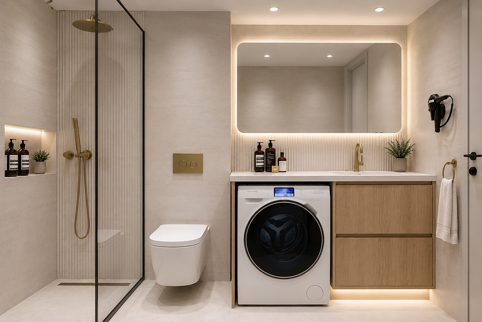 Modern banyo tasarımı, duş kabini ve çamaşır makinesi.