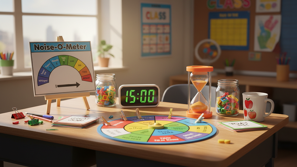Close-up view of a teacher’s desk with classroom management tools like charts and timers
