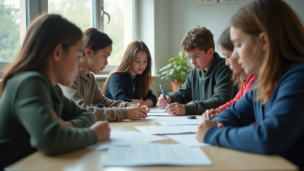 Eye-level view of a classroom with students collaborating on a project
