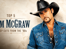 Tim McGraw in a black cowboy hat and denim shirt beside title text "Top 5 Tim McGraw Deep Cuts from the '90s."