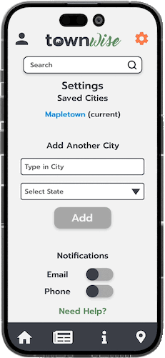 Demo of the TownWise app's setting screen, which shows how to add in cities onto the app.