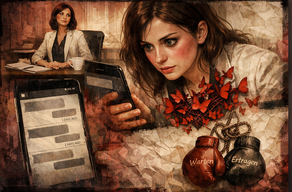 A cinematic collage-style illustration combining multiple emotional scenes in one image. Top left: a smart, composed woman at her desk with a coffee cup, looking confident — she has it all together. Center: her phone screen showing a chat with long gaps between messages, three days of silence visible. Her face shifts — instead of turning away, she leans in, eyes wide, a faint flush on her cheeks. A small swarm of red butterflies surrounds her chest area, but on closer look they are tangled and chaotic, not free. Bottom right: two boxing gloves hanging from a heart-shaped knot — one glove labeled "Warten", the other "Ertragen". Overlaid texture: crumpled love letter paper. Color palette: deep rose, muted gold, charcoal, ivory. Mood: bittersweet, psychologically charged, editorial. Style: modern digital art collage, slightly surrealist, high contrast, no text in image.