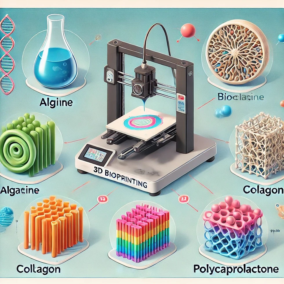 A illustration that shows the possible materials that can be used for bioprinting to represent the Bio-Printing Materials and Advantages