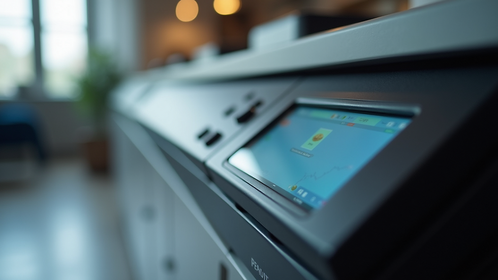 Close-up view of a modern printer control panel with digital display