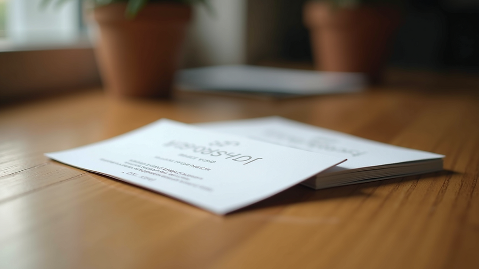 Close-up view of a custom-printed business card on a wooden desk