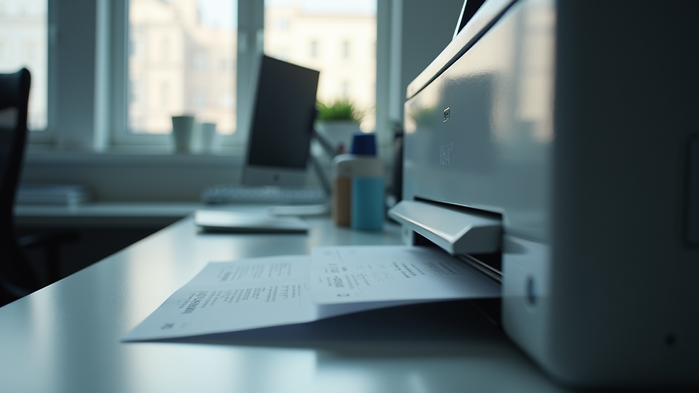 Eye-level view of a modern office printer with paper output tray