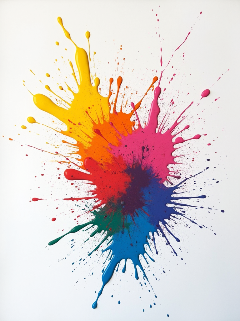 Explosion of vibrant multi-colored paint splatters on a white canvas representing artistic freedom.