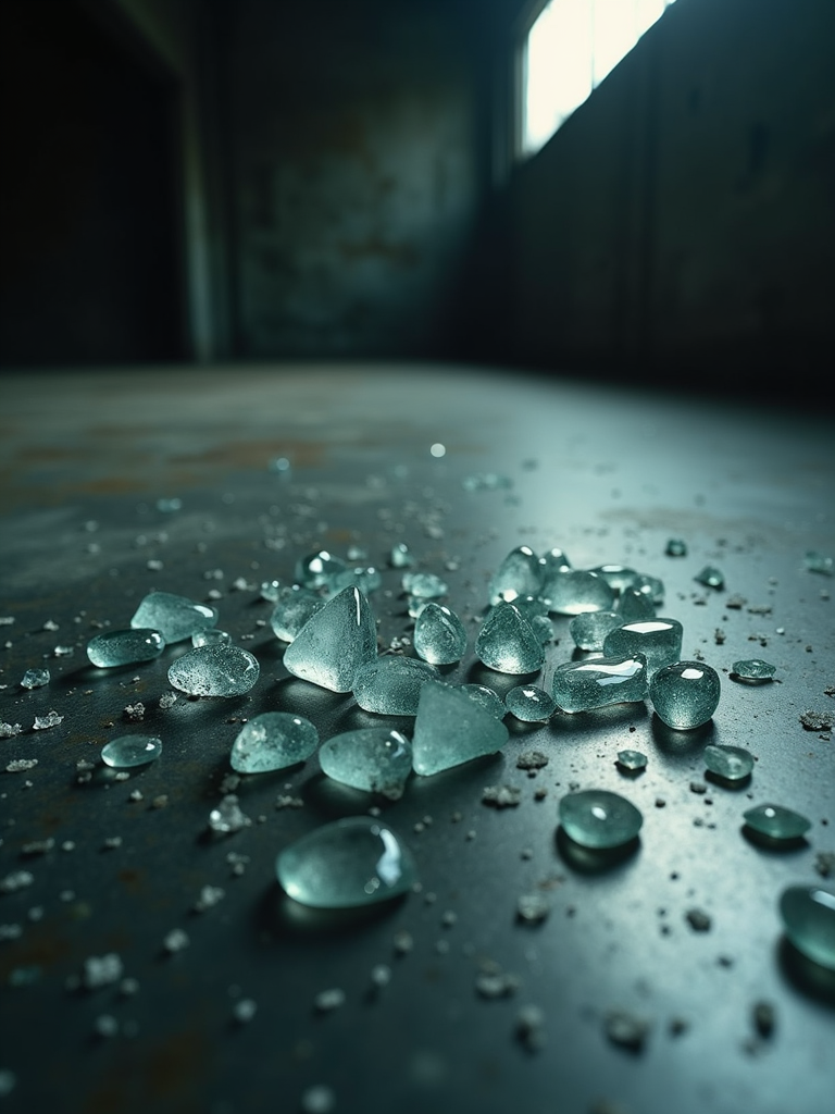 Close up of shattered glass fragments on a dark industrial floor symbolizing a successful rage session.