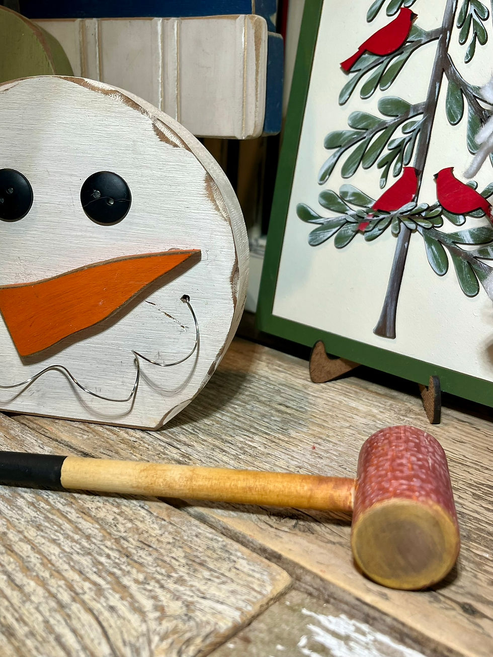 Thumbnail: Painted winter craft kit sign featuring a stylized evergreen tree with red birds, framed and propped on a stand