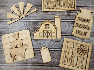 Farmhouse tier tray set with laser‑cut wood pieces. Reflects the shop’s seasonal, rustic and home décor focus.