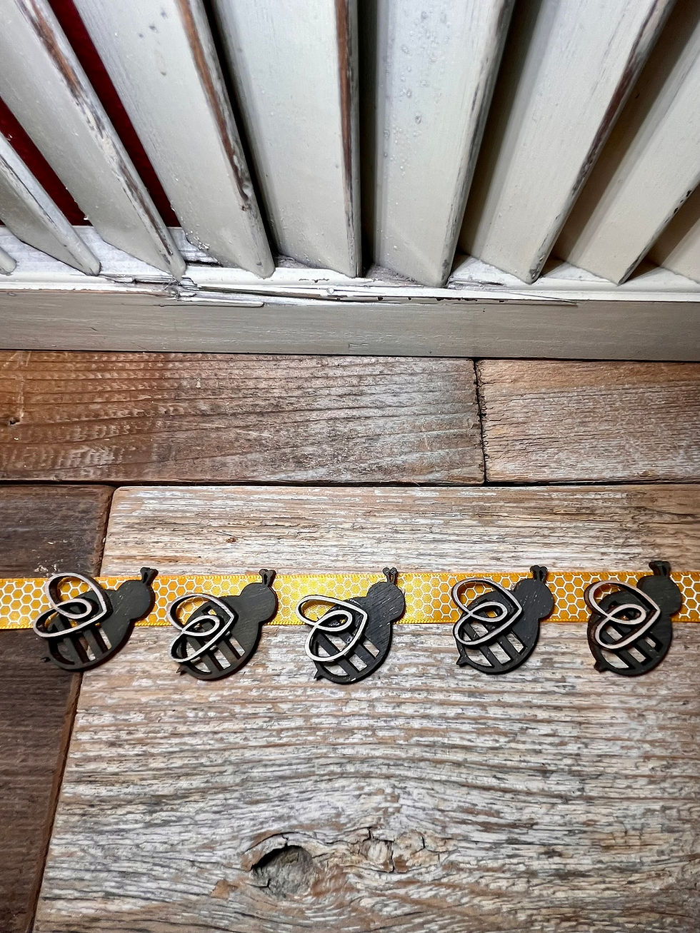 Thumbnail: Row of five unpainted wooden honey bee cutouts with round bodies and small wings attached to a yellow strip.