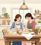 Mother and adult daughter crafting together at a table in a farmhouse kitchen.jpg