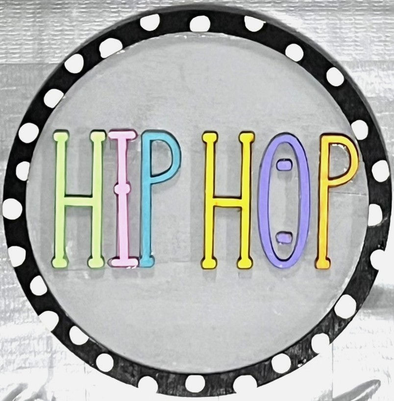 Hip Hop Bunny craft kit round sign with colorful outlined HIP HOP letters and a bold black‑and‑white border.