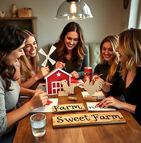 I need a girls' craft night scene. With 5 women aged 25-50 laughing and painting small woo