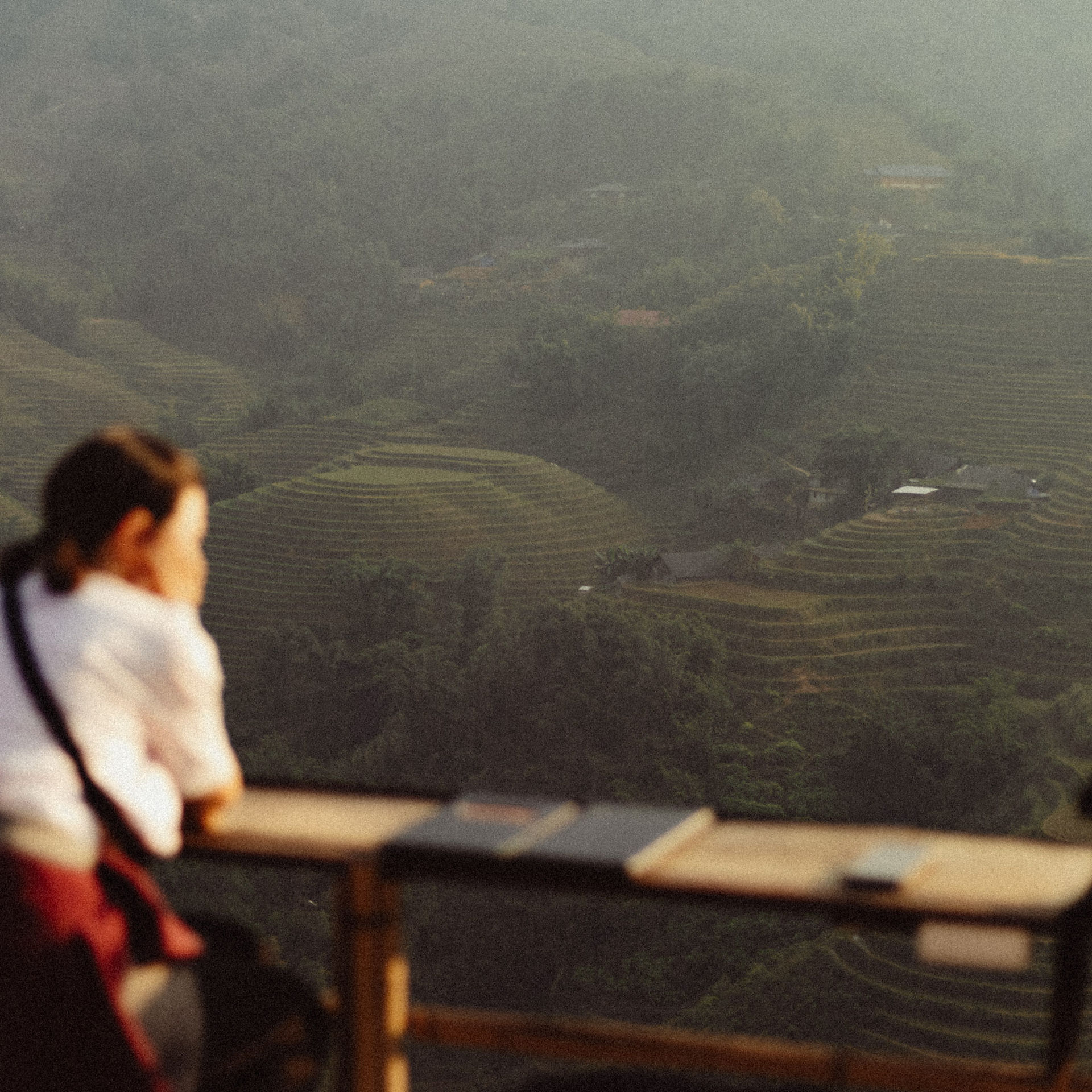 View of rice terraces in Sa Pa: A person enjoys the breathtaking view of the rice terraces and the surrounding landscape of Sa Pa.