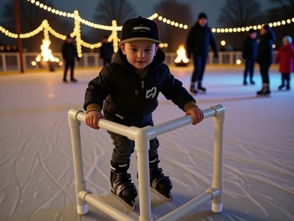 A boy using a PVC skate trainer to learn how to skate