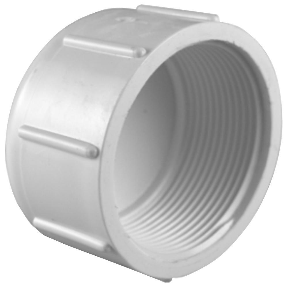 A white PVC cap made for threaded fittings on PVC pipe