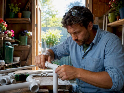 Gardener assembling PVC trellis in workshop