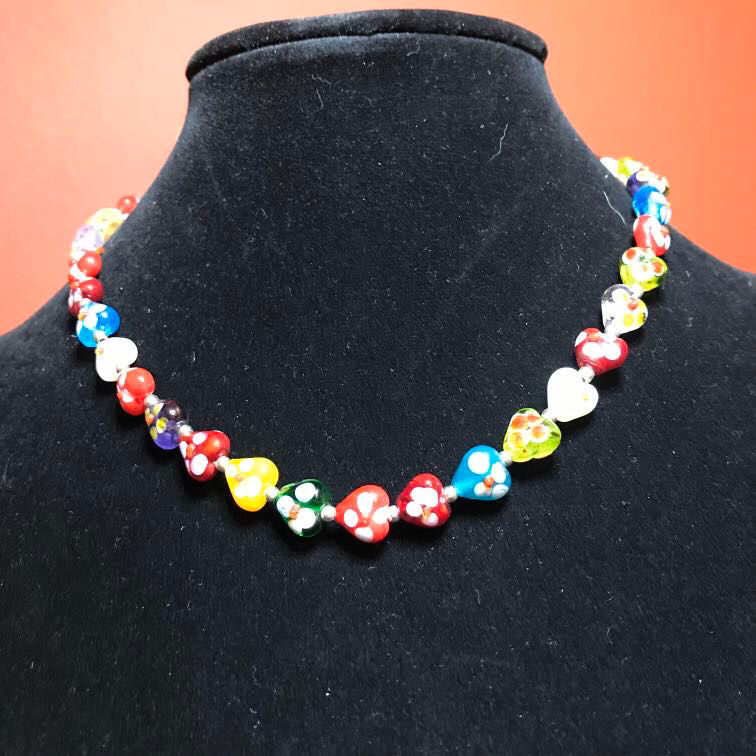 Colorful Hand Painted Glass Bead Necklace - 16"