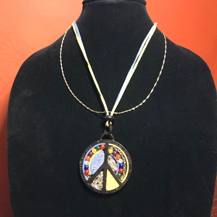 Rainbow-Beaded and Multi-Media Artist-Made Peace Symbol w Cord and Chain - 24"