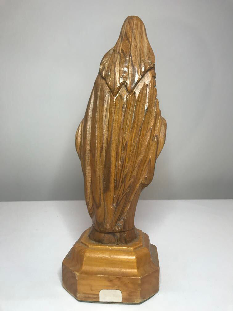 Thumbnail: Vintage Hand Carved Olive Wood Virgin Mary Figurine Statue