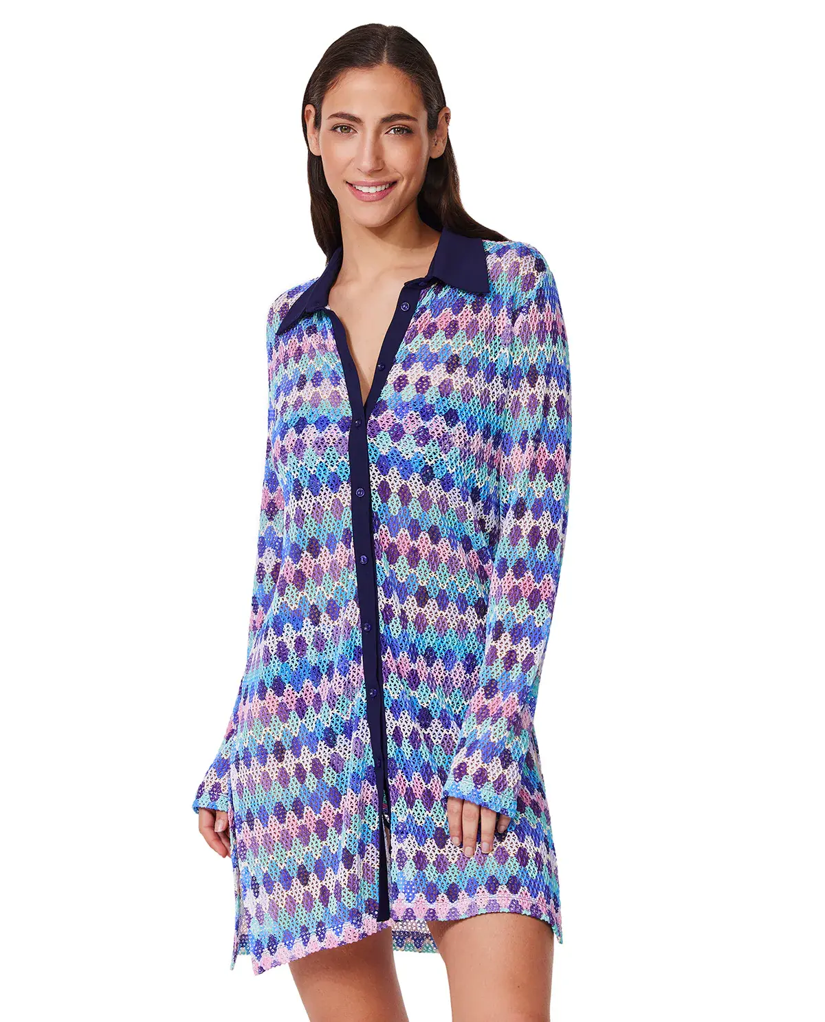 Profile by Gottex Retro Riviera Netted Crochet Buttoned Tunic Cover Up