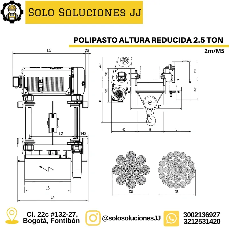 POLIPASTO ALTURA REDUCIDA 2.5 TON Fem 2m / ISO M5 Colombia Bogotá Medellín Barranquilla polipasto de cable de acero (guaya)