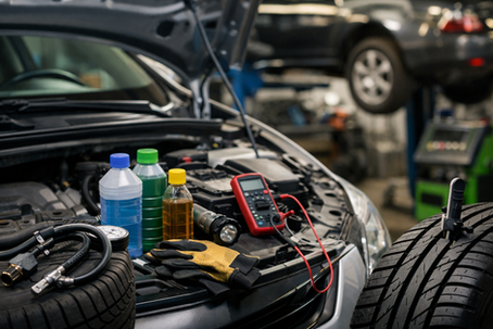 Zomercheck auto in garage met open motorkap en controle van banden en vloeistoffen