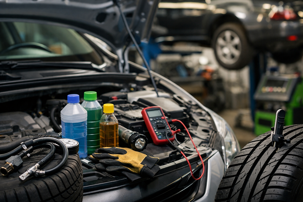 Zomercheck auto in garage met open motorkap en controle van banden en vloeistoffen