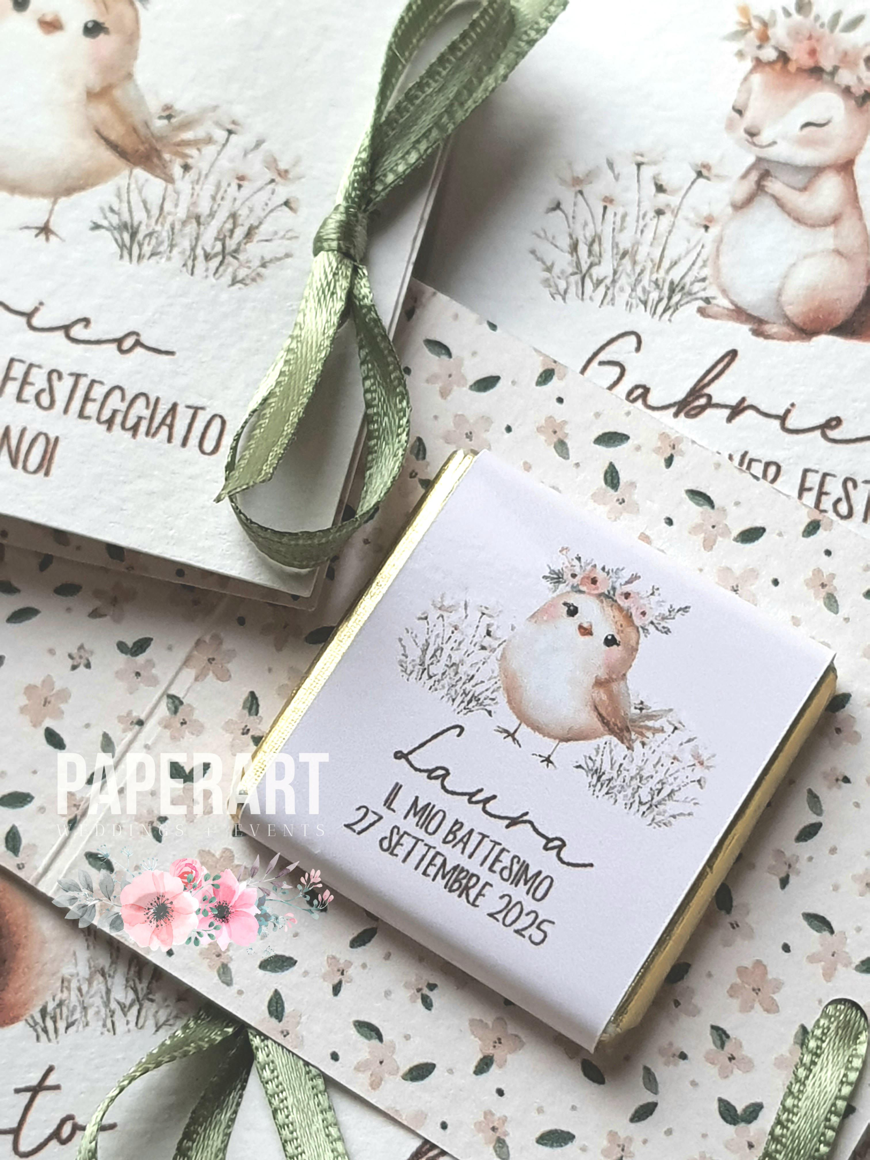 segnaposto cioccolatino battesimo comunione animali foresta fiori floreale  uccellino