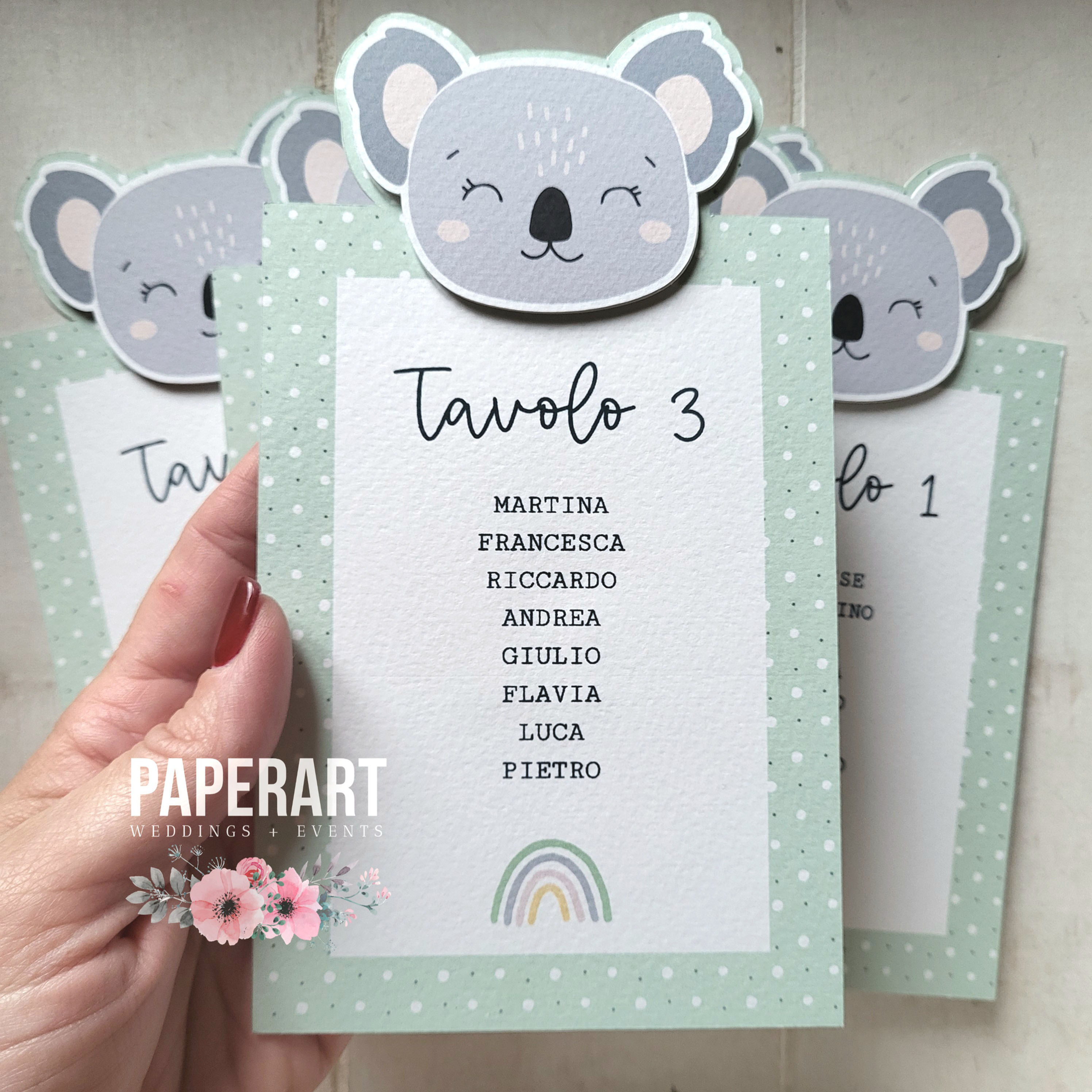 Segnatavolo battesimo personalizzato tema koala verde salvia con nomi invitati
