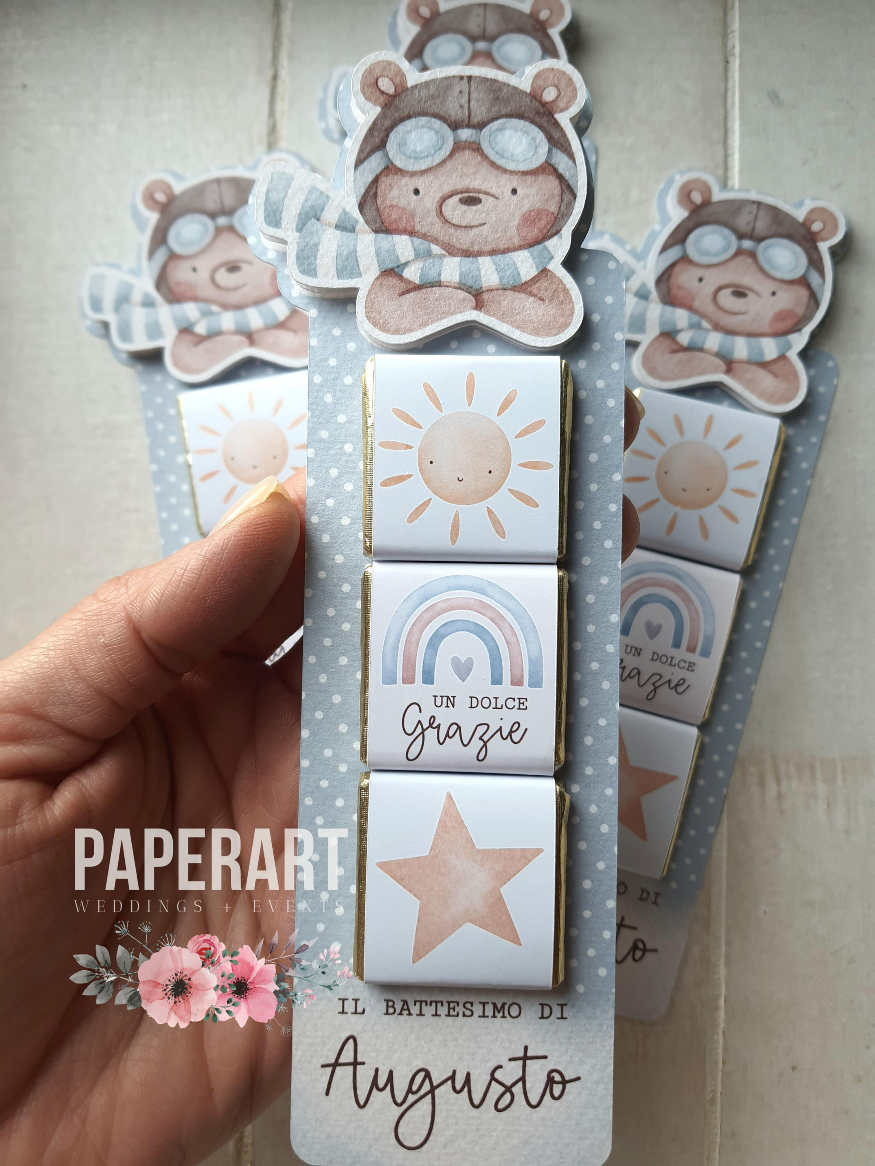 Cartolina con tre cioccolatini personalizzati - Mod. Orsacchiotto Aviatore II
