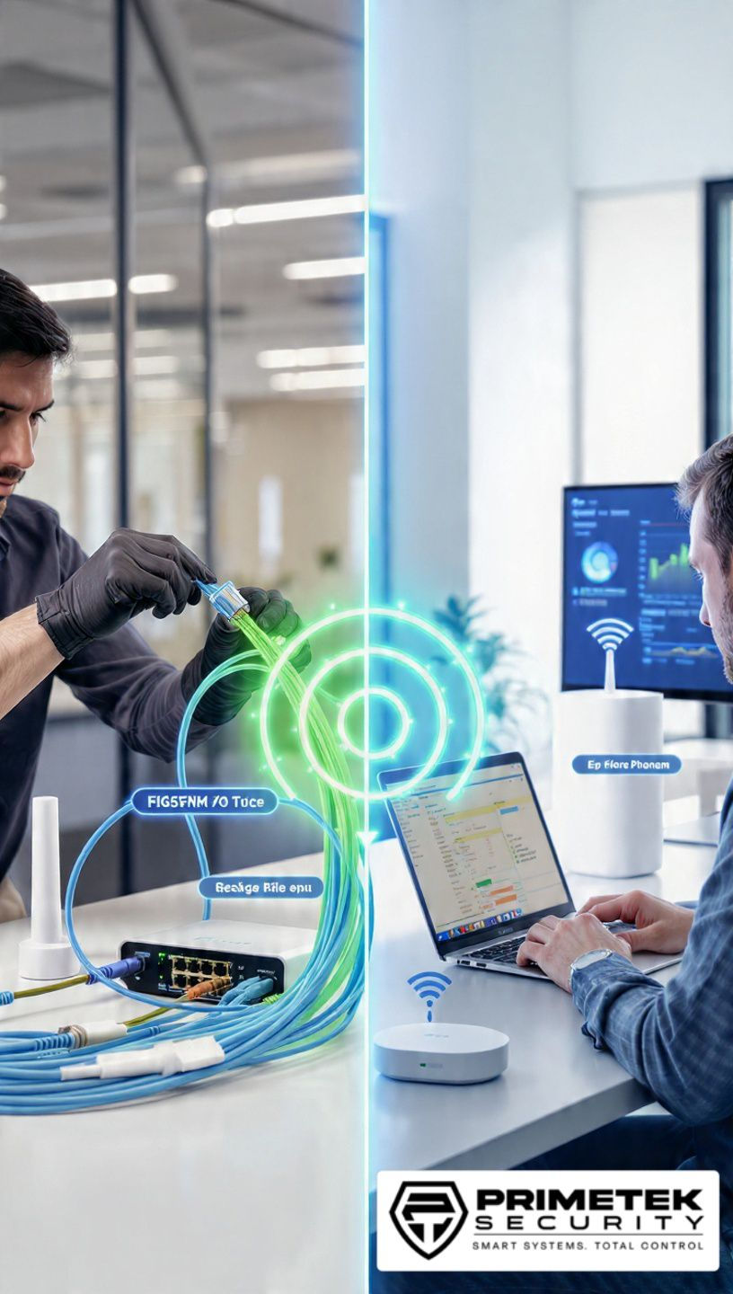 Exploring Network Choices: Wired vs. Wireless Solutions for Business Efficiency with PRIMETEK SECURITY.