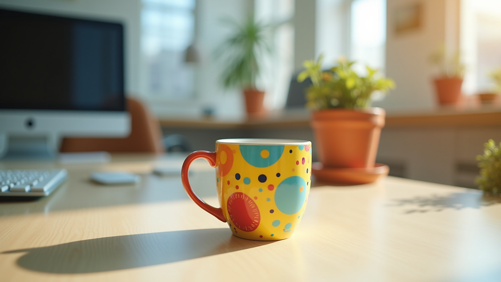 Eye-level view of a colorful quirky mug on a bright office desk