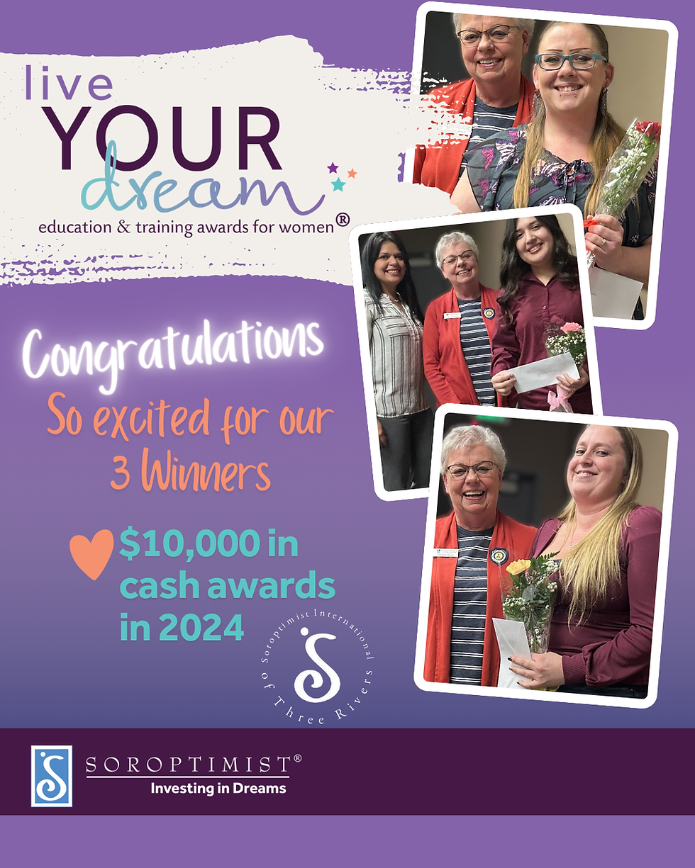 Live Your Dream graphic, pictures of three winners. Text: Congratulations! So excited for our 3 winners. $10,000 in cash awards in 2024