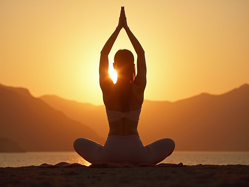 serene woman practicing yoga at sunrise soft warm light.png