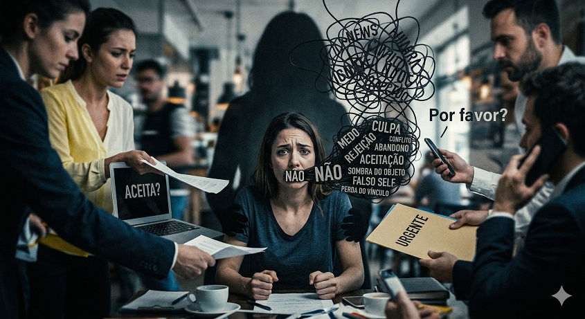 Aqui está uma descrição detalhada para ser usada como **texto alternativo (alt text)**, capturando tanto os elementos visuais quanto a carga simbólica da imagem: **Descrição:** Uma imagem conceitual e dramática que ilustra a paralisia psicológica de uma mulher diante de pressões externas. No centro, uma mulher jovem sentada à mesa tem uma expressão de profunda ansiedade e olhos arregalados. Ela está cercada por braços e mãos de pessoas ao seu redor que a invadem com demandas: um laptop com a pergunta "ACEITA?", papéis marcados como "URGENTE" e celulares estendidos. Saindo de sua boca, mas parecendo presas ou sufocadas, estão as palavras "**NÃO**" repetidas vezes, envoltas em uma nuvem de fumaça escura que contém termos psicanalíticos e emocionais como "**MEDO**", "**CULPA**", "**REJEIÇÃO**", "**ABANDONO**", "**FALSO SELF**" e "**SOMBRA DO OBJETO**". Atrás dela, uma silhueta escura e opressora repousa as mãos em seus ombros, simbolizando o peso do passado ou de figuras de autoridade.