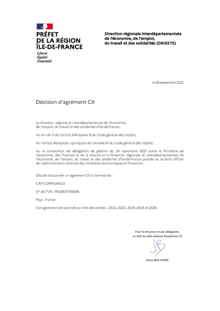 Cap Compliance prestataire agréé CII