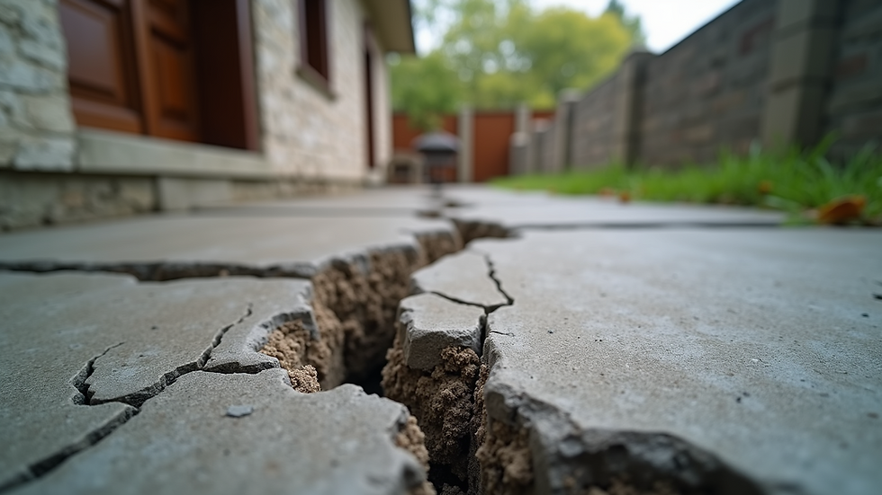 Eye-level view of a house foundation with visible cracks