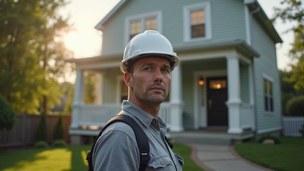 Eye-level view of a home inspector examining a house exterior