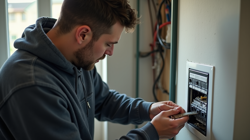 Close-up view of a home inspector checking electrical panel