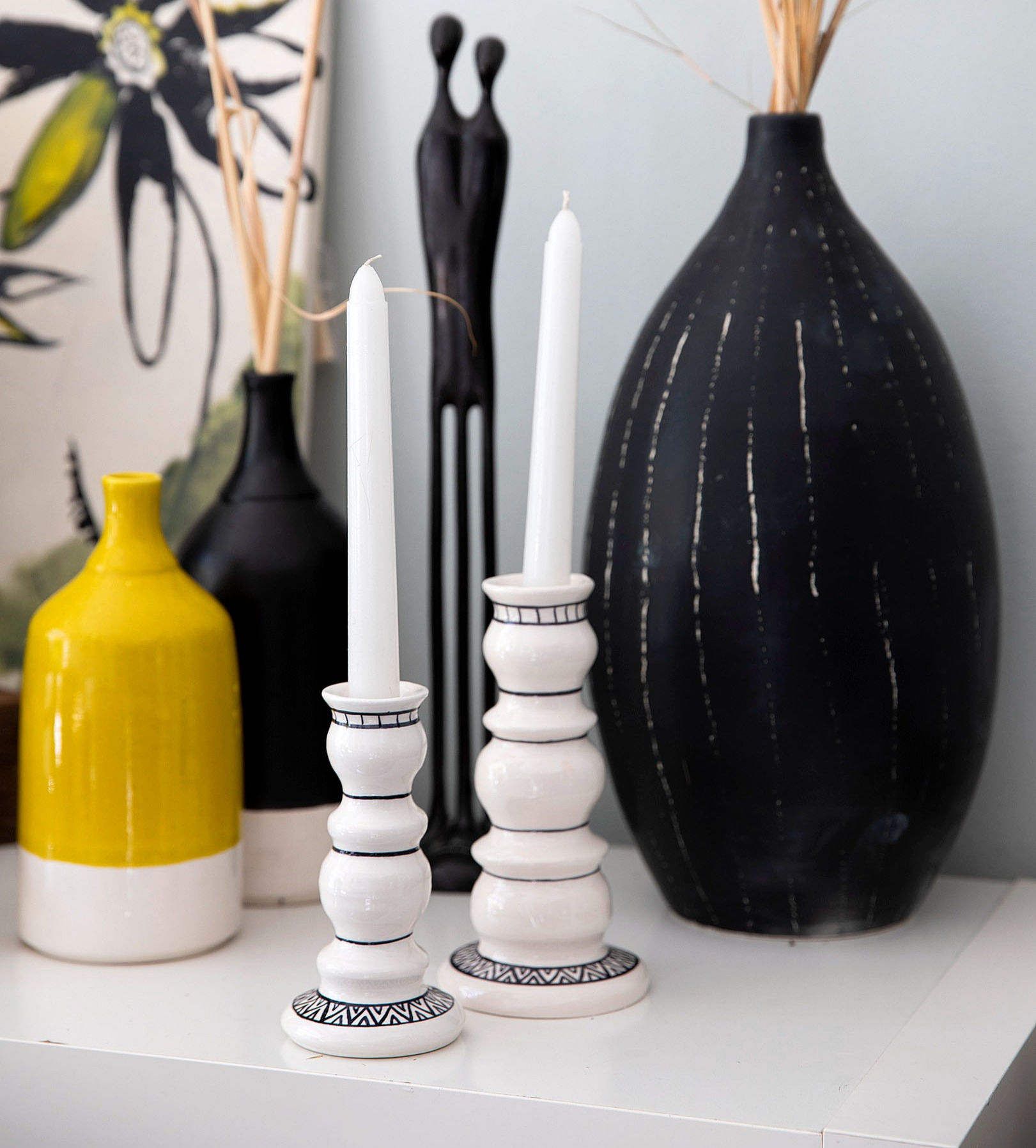 Kηροπήγιο κεραμικό 15Χ7εκ ethnic λευκό μαύρο