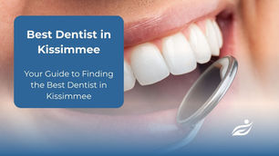 Close-up of a smiling mouth with white teeth and a dental mirror. Text: "Best Dentist in Kissimmee. Your Guide to Finding the Best Dentist in Kissimmee." Blue background.